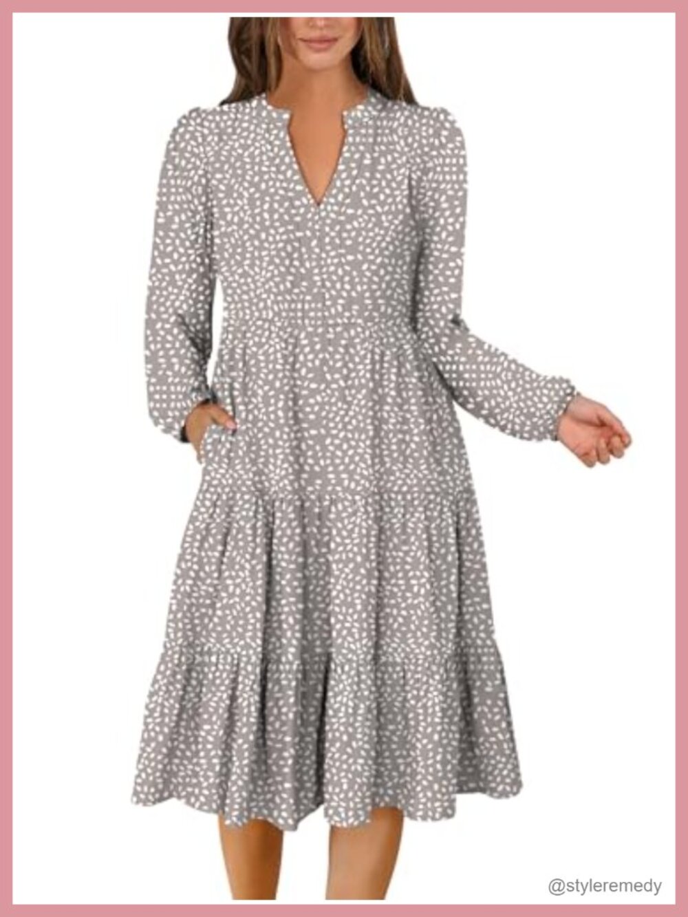 Womens V Neck Long Sleeve Midi Dress Flowy Tiered Side Pockets Casual